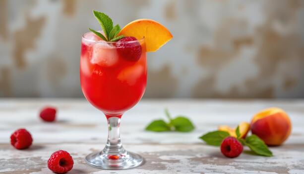 Raspberry peach mocktail with raspberry puree, peach juice, and soda, garnished with mint leaves. photo