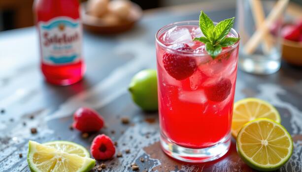 Raspberry lime mocktail with raspberry puree, lime juice, and sparkling water over crushed ice. photo