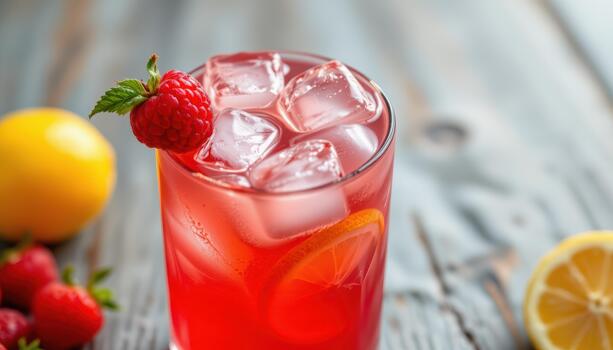 Raspberry lemon mocktail with raspberry puree, lemon juice, sparkling water, and ice cubes on top. photo