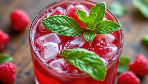 Raspberry mint mocktail with raspberry puree, mint leaves, soda, and crushed ice floating on top. photo