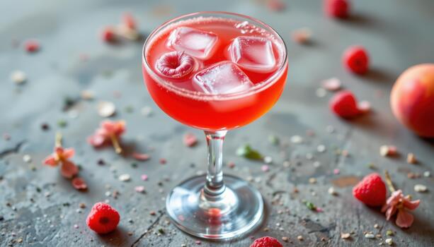 Raspberry peach mocktail with raspberry puree, peach juice, soda, and ice cubes floating on top. photo