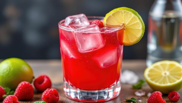 Raspberry lime mocktail with raspberry puree, lime juice, sparkling water, and ice cubes on top. photo