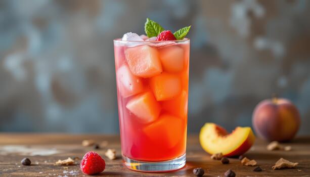 Raspberry peach mocktail with raspberry puree, peach juice, soda, and ice cubes in frosted glass. photo
