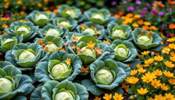 Green cabbage patch with autumn leaves falling in yellow and brown and colorful flowers nearby. photo