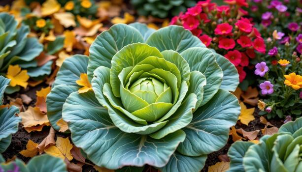 Green cabbage patch with scattered autumn leaves in yellow and brown and colorful flowers around. photo