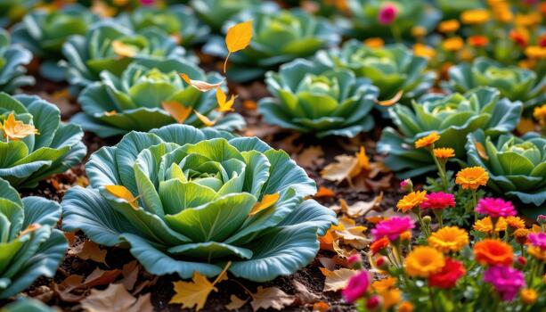Green cabbage patch with autumn leaves drifting down and bright multicolored flowers nearby. photo