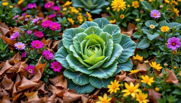 Lush green cabbage patch surrounded by colorful flowers and drifting autumn leaves in brown and yellow. photo