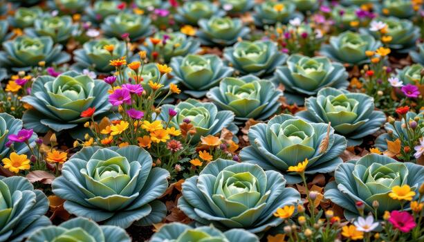 Autumn cabbage patch with green heads, multicolored flowers, and yellow and brown leaves drifting gently. photo