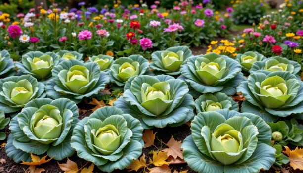 Vibrant cabbage patch with green plants, multicolored flowers, and falling autumn leaves in brown and yellow. photo