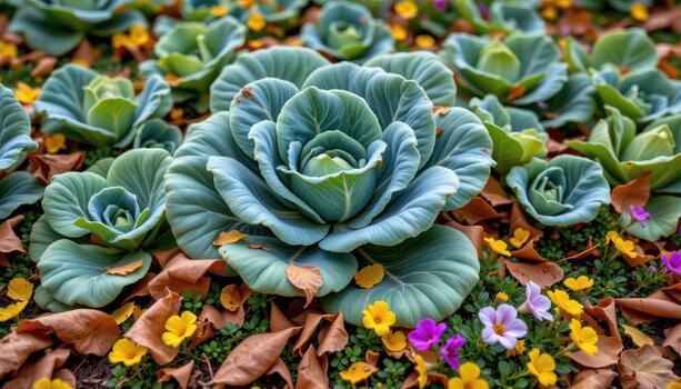 Green cabbage patch surrounded by falling brown and yellow leaves and bright multicolored flowers on the ground. photo