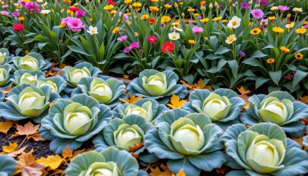 Vibrant cabbage patch with green plants, multicolored flowers, and gently falling autumn leaves in yellow and brown. photo