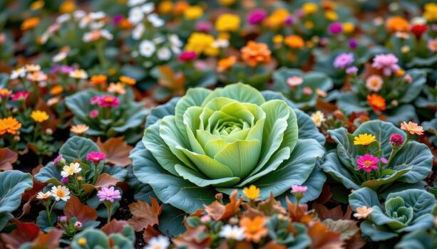 Green cabbage patch with multicolored flowers and brown and yellow autumn leaves falling slowly from above. photo
