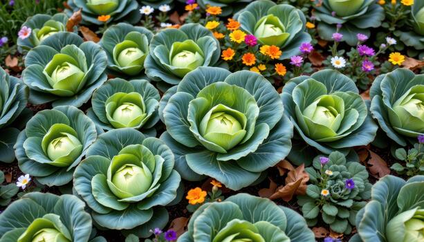 Lush cabbage patch with healthy green cabbage, scattered multicolored flowers, and drifting autumn leaves. photo