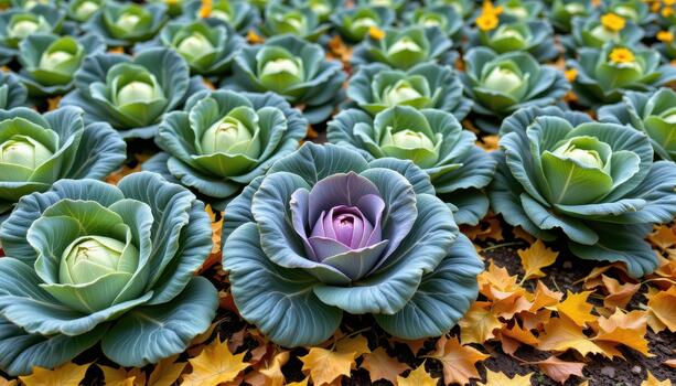 Green cabbage patch with healthy heads, colorful flowers, and autumn leaves in yellow and brown drifting. photo