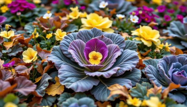 Vibrant cabbage patch with multicolored flowers and brown and yellow leaves falling gently over the plants. photo