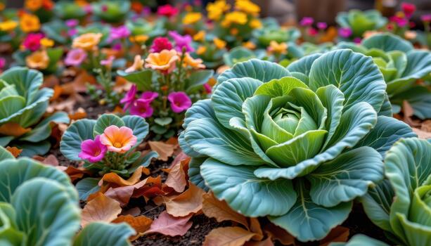 Green cabbage patch with multicolored flowers and leaves falling gently in autumn shades. photo