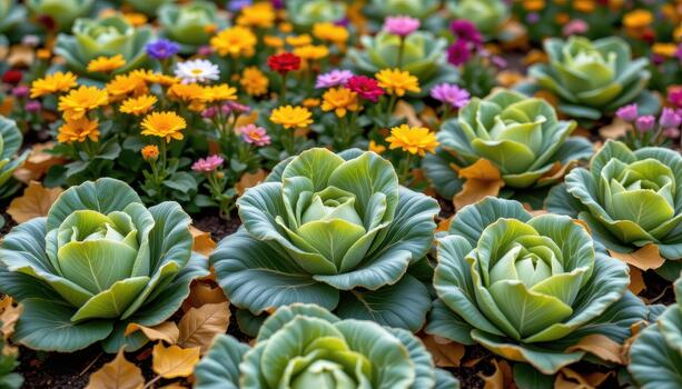 Green cabbage patch with multicolored flowers and drifting autumn leaves in shades of yellow and brown. photo