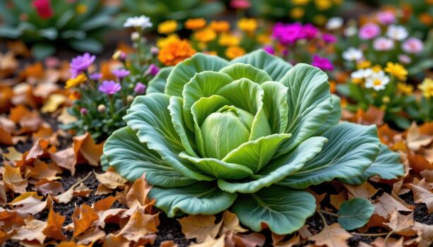 Green cabbage patch with multicolored flowers and gently falling brown and yellow autumn leaves around. photo