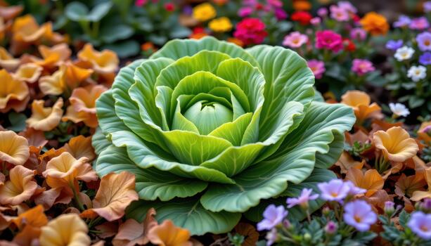 Vibrant green cabbage patch with multicolored flowers and autumn leaves falling gently in brown and yellow. photo