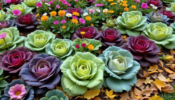 Lush cabbage patch with healthy cabbage, multicolored flowers, and autumn leaves in yellow and brown drifting. photo