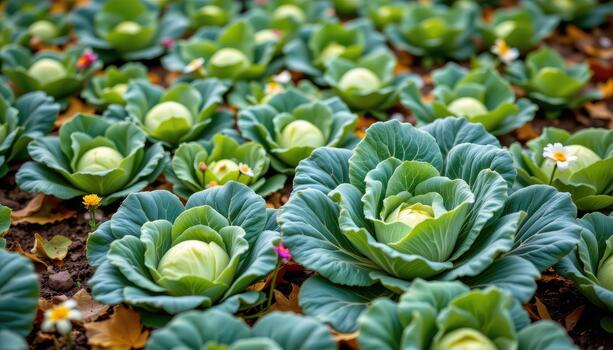 Lush cabbage patch with healthy green cabbage, scattered flowers, and gently falling autumn leaves. photo