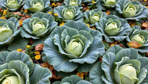 Lush cabbage patch with healthy cabbage, scattered flowers, and brown and yellow leaves gently drifting around. photo