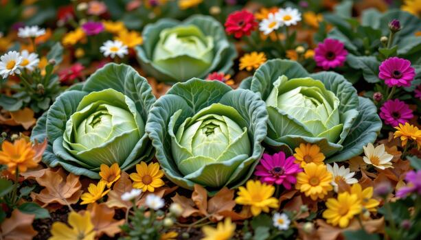 Green cabbage heads surrounded by multicolored flowers and autumn leaves drifting gently all around them. photo