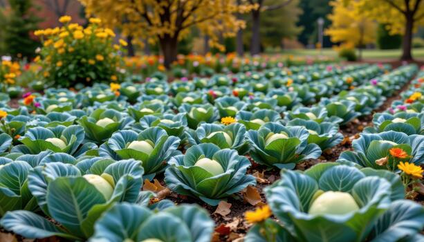 Green cabbage patch with colorful flowers and brown, yellow leaves falling gently from the trees. photo
