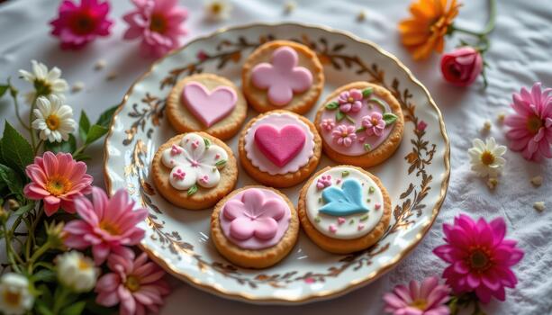 Vintage plate displaying decorated cookies surrounded by bright flowers arranged neatly for cozy inviting scene. photo