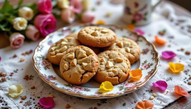 Homemade cookies on antique plate with colorful petals arranged neatly creating soft cozy inviting look. photo