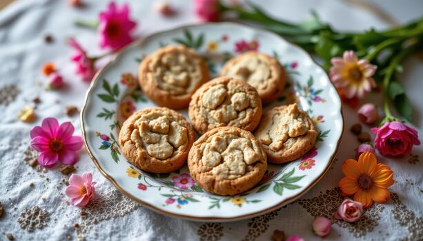 Vintage ceramic plate displaying homemade cookies with scattered bright flowers creating soft inviting charm. photo