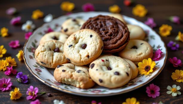 Assorted cookies on a vintage plate, scattered colorful edible flowers arranged neatly around them. photo