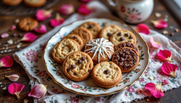Assorted cookies on vintage plate with scattered petals creating a warm inviting cozy aesthetic. photo