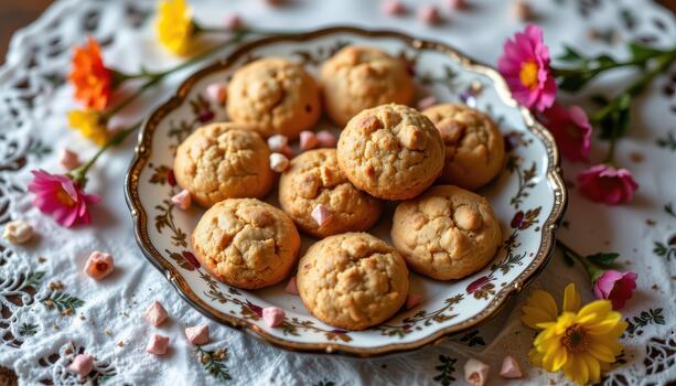 Plate of cookies on antique ceramic plate with scattered bright flowers creating soft inviting charm. photo