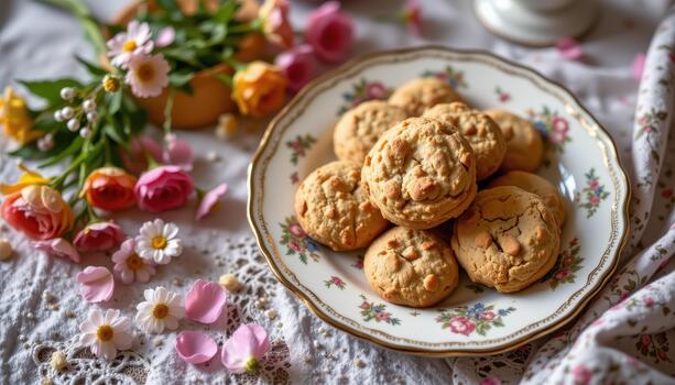 Plate of cookies on vintage plate with scattered flowers creating charming warm soft aesthetic scene. photo