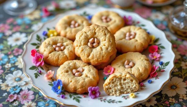 Plate of cookies on antique dish with colorful flowers arranged elegantly around each cookie nicely. photo