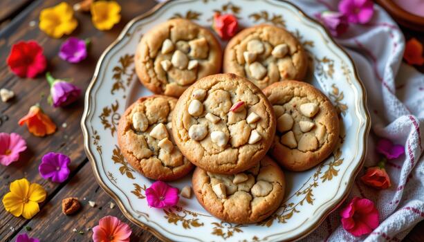 Homemade cookies on antique plate with colorful petals arranged neatly around each cookie for soft charm. photo