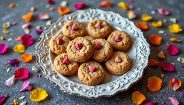 Plate of cookies on antique dish with colorful petals scattered artfully creating warm inviting charm. photo