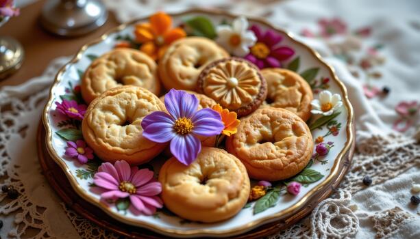 Vintage plate filled with assorted cookies and decorated with colorful edible flowers in soft light. photo