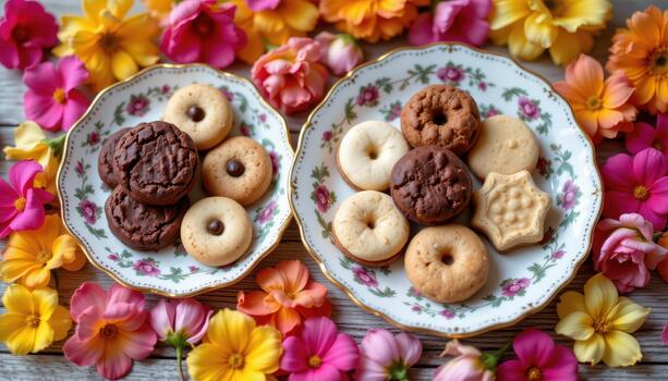 Assorted cookies on antique porcelain surrounded by colorful petals for a charming display. photo
