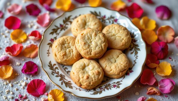 Plate of cookies on antique porcelain with colorful petals creating a warm, inviting presentation. photo