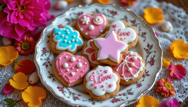 Antique plate holding decorated cookies and bright petals creating a charming, warm presentation. photo