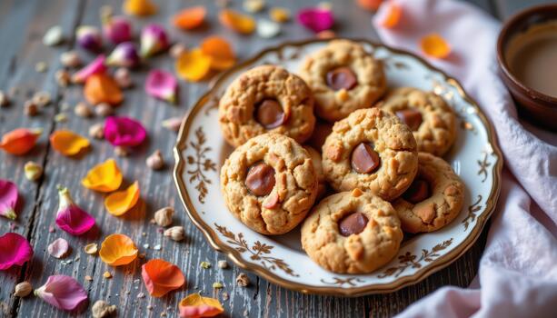 Elegant vintage plate holding assorted cookies with scattered colorful petals creating warm charming look. photo