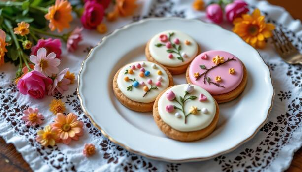 Vintage plate displaying decorated cookies with scattered bright flowers arranged nicely for warm scene. photo