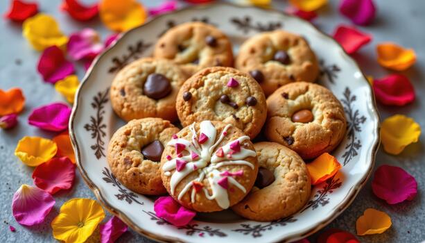 Assorted cookies on vintage ceramic plate surrounded by colorful petals creating warm inviting look. photo