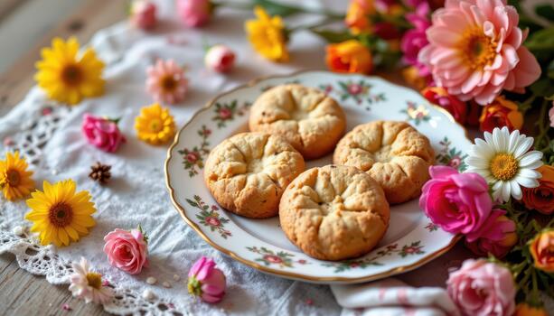 Homemade cookies on vintage plate with colorful flowers elegantly scattered around soft warm look. photo