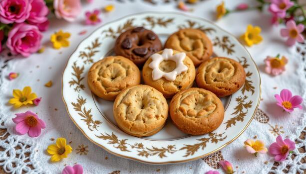 Elegant vintage plate displaying assorted cookies with bright flowers scattered gently around edges. photo