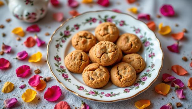 Plate of cookies on vintage porcelain with colorful petals creating a soft warm inviting aesthetic scene. photo