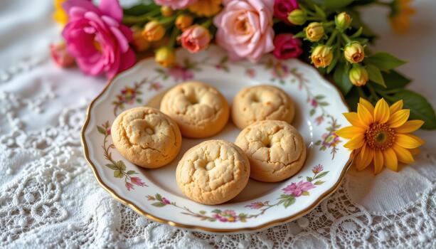 Plate of cookies on vintage porcelain with bright flowers arranged beautifully creating cozy inviting look. photo