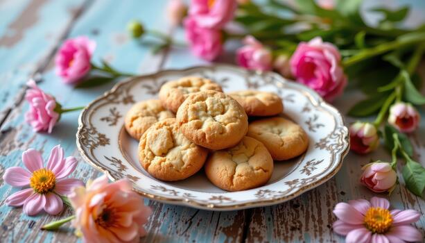 Homemade cookies on antique plate surrounded by colorful flowers for soft charming inviting look. photo